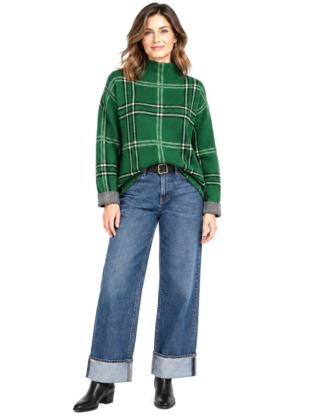 Nicole miller, Green Plaid Women's Sweater, Size L